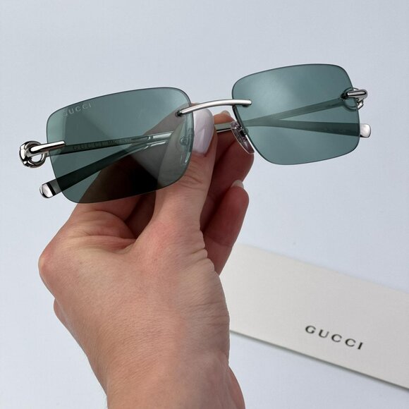 Gucci GG1703S 002 Men BRAND NEW Sunglasses Silver Green Mirror Rectangle - Picture 1 of 14